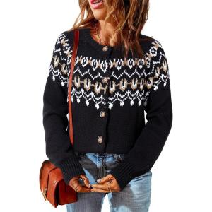 imageDokotoo Womens Cardigans Casual Long Sleeve Chunky Knit Fall Winter Button Down Fair Isle Cardigan SweatersBlack