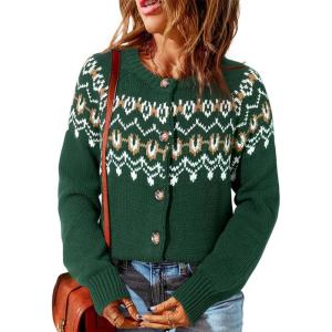 imageDokotoo Womens Cardigans Casual Long Sleeve Chunky Knit Fall Winter Button Down Fair Isle Cardigan SweatersBright Greeb