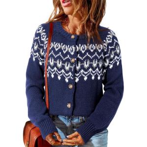 imageDokotoo Womens Cardigans Casual Long Sleeve Chunky Knit Fall Winter Button Down Fair Isle Cardigan SweatersDark Blue