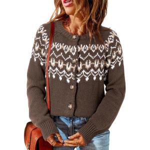 imageDokotoo Womens Cardigans Casual Long Sleeve Chunky Knit Fall Winter Button Down Fair Isle Cardigan SweatersDark Brown