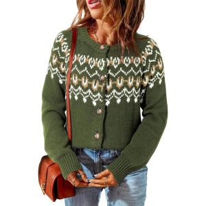 imageDokotoo Womens Cardigans Casual Long Sleeve Chunky Knit Fall Winter Button Down Fair Isle Cardigan SweatersGreen