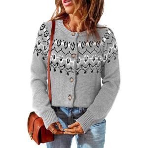 imageDokotoo Womens Cardigans Casual Long Sleeve Chunky Knit Fall Winter Button Down Fair Isle Cardigan SweatersGrey
