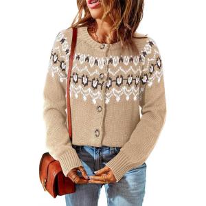 imageDokotoo Womens Cardigans Casual Long Sleeve Chunky Knit Fall Winter Button Down Fair Isle Cardigan SweatersKhaki