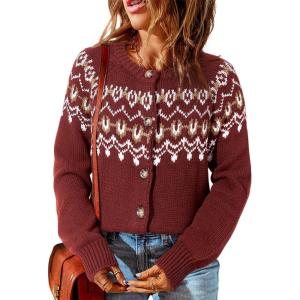 imageDokotoo Womens Cardigans Casual Long Sleeve Chunky Knit Fall Winter Button Down Fair Isle Cardigan SweatersRed