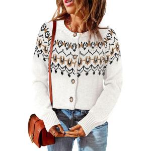 imageDokotoo Womens Cardigans Casual Long Sleeve Chunky Knit Fall Winter Button Down Fair Isle Cardigan SweatersWhite
