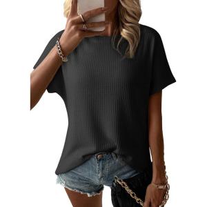 imageDokotoo Womens Casual Boat Neck Short Sleeve Waffle Knit Shirts Loose Summer Tunic Tops BlousesBlack