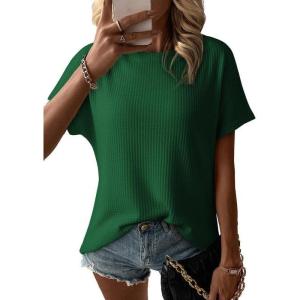 imageDokotoo Womens Casual Boat Neck Short Sleeve Waffle Knit Shirts Loose Summer Tunic Tops BlousesBlackish Green