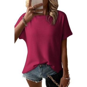 imageDokotoo Womens Casual Boat Neck Short Sleeve Waffle Knit Shirts Loose Summer Tunic Tops BlousesBurgundy