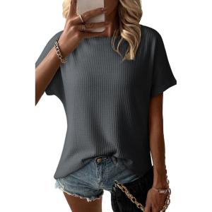imageDokotoo Womens Casual Boat Neck Short Sleeve Waffle Knit Shirts Loose Summer Tunic Tops BlousesDark Grey