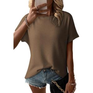 imageDokotoo Womens Casual Boat Neck Short Sleeve Waffle Knit Shirts Loose Summer Tunic Tops BlousesKhaki