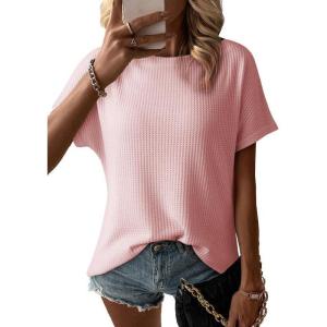 imageDokotoo Womens Casual Boat Neck Short Sleeve Waffle Knit Shirts Loose Summer Tunic Tops BlousesLight Pink