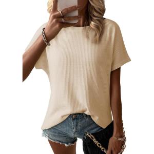 imageDokotoo Womens Casual Boat Neck Short Sleeve Waffle Knit Shirts Loose Summer Tunic Tops BlousesMist Green
