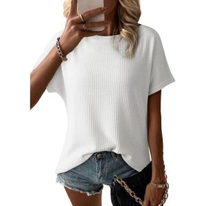 imageDokotoo Womens Casual Boat Neck Short Sleeve Waffle Knit Shirts Loose Summer Tunic Tops BlousesWhite