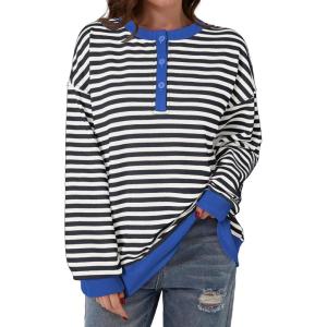 imageDokotoo Womens Casual Crewneck Color Block Striped Oversized Sweatshirt Long Sleeve Shirts Tunic TopsBlack