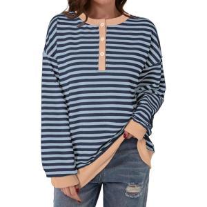 imageDokotoo Womens Casual Crewneck Color Block Striped Oversized Sweatshirt Long Sleeve Shirts Tunic TopsBlue
