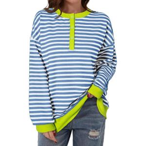 imageDokotoo Womens Casual Crewneck Color Block Striped Oversized Sweatshirt Long Sleeve Shirts Tunic TopsBlue White