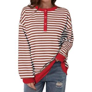 imageDokotoo Womens Casual Crewneck Color Block Striped Oversized Sweatshirt Long Sleeve Shirts Tunic TopsBrown