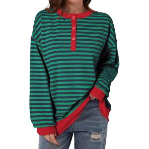 imageDokotoo Womens Casual Crewneck Color Block Striped Oversized Sweatshirt Long Sleeve Shirts Tunic TopsDark Green