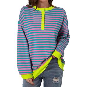 imageDokotoo Womens Casual Crewneck Color Block Striped Oversized Sweatshirt Long Sleeve Shirts Tunic TopsGreen