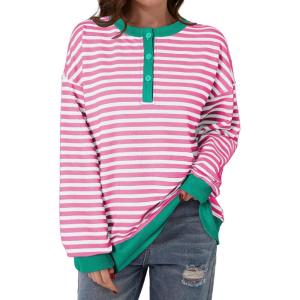 imageDokotoo Womens Casual Crewneck Color Block Striped Oversized Sweatshirt Long Sleeve Shirts Tunic TopsPink