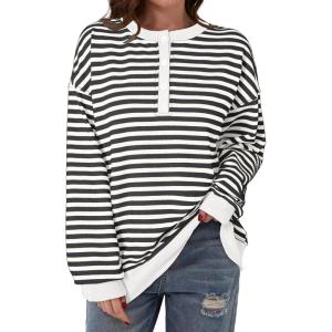 imageDokotoo Womens Casual Crewneck Color Block Striped Oversized Sweatshirt Long Sleeve Shirts Tunic TopsWhite