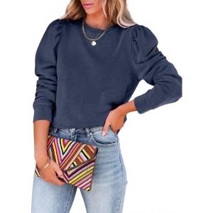 imageDokotoo Womens Casual Cropped Sweatshirts Puff Sleeve Crop Pullover Crewneck Cute TopsBlue
