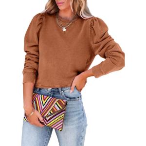 imageDokotoo Womens Casual Cropped Sweatshirts Puff Sleeve Crop Pullover Crewneck Cute TopsBrown