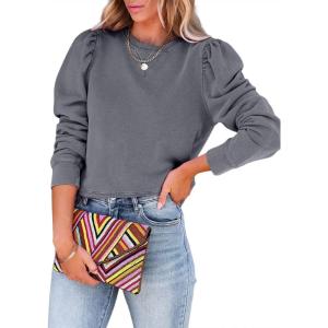 imageDokotoo Womens Casual Cropped Sweatshirts Puff Sleeve Crop Pullover Crewneck Cute TopsGray