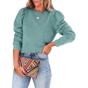 imageDokotoo Womens Casual Cropped Sweatshirts Puff Sleeve Crop Pullover Crewneck Cute TopsGreen1