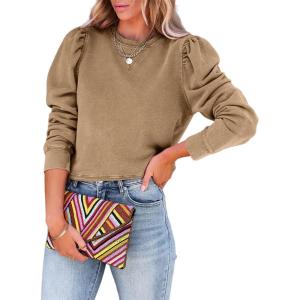 imageDokotoo Womens Casual Cropped Sweatshirts Puff Sleeve Crop Pullover Crewneck Cute TopsKhaki