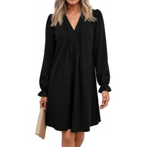 imageDokotoo Womens Casual Dress ALine Ruffle Sleeve V Neck Midi Dress 2025 Fashion Pleated Flowy Sundress Loose Shirt DressesBlack