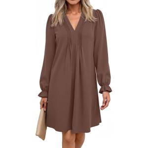 imageDokotoo Womens Casual Dress ALine Ruffle Sleeve V Neck Midi Dress 2025 Fashion Pleated Flowy Sundress Loose Shirt DressesBrown
