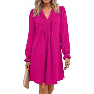 imageDokotoo Womens Casual Dress ALine Ruffle Sleeve V Neck Midi Dress 2025 Fashion Pleated Flowy Sundress Loose Shirt DressesHot Pink