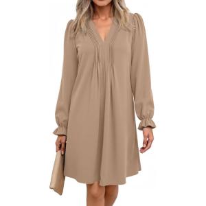imageDokotoo Womens Casual Dress ALine Ruffle Sleeve V Neck Midi Dress 2025 Fashion Pleated Flowy Sundress Loose Shirt DressesKhaki