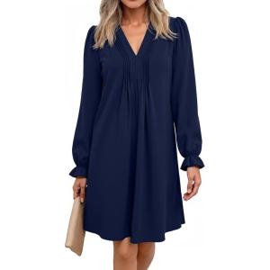 imageDokotoo Womens Casual Dress ALine Ruffle Sleeve V Neck Midi Dress 2025 Fashion Pleated Flowy Sundress Loose Shirt DressesNavy Blue