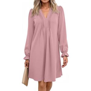 imageDokotoo Womens Casual Dress ALine Ruffle Sleeve V Neck Midi Dress 2025 Fashion Pleated Flowy Sundress Loose Shirt DressesPink