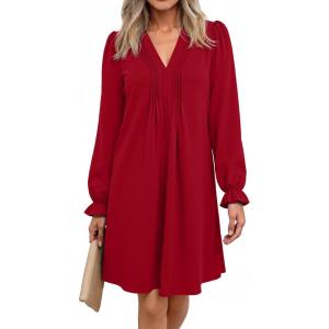 imageDokotoo Womens Casual Dress ALine Ruffle Sleeve V Neck Midi Dress 2025 Fashion Pleated Flowy Sundress Loose Shirt DressesRed