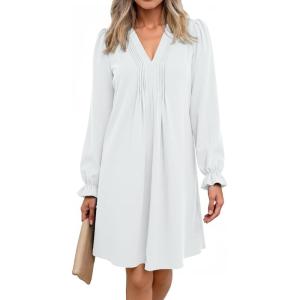 imageDokotoo Womens Casual Dress ALine Ruffle Sleeve V Neck Midi Dress 2025 Fashion Pleated Flowy Sundress Loose Shirt DressesWhite