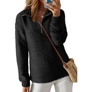 imageDokotoo Womens Casual Half Zip Long Sleeve Pullover Shirts Solid Color Textured Sweatshirt Tunic TopsBlack
