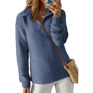 imageDokotoo Womens Casual Half Zip Long Sleeve Pullover Shirts Solid Color Textured Sweatshirt Tunic TopsBlue