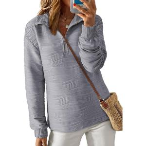 imageDokotoo Womens Casual Half Zip Long Sleeve Pullover Shirts Solid Color Textured Sweatshirt Tunic TopsGray