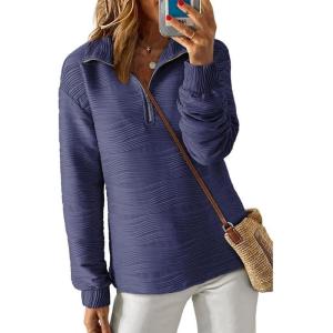 imageDokotoo Womens Casual Half Zip Long Sleeve Pullover Shirts Solid Color Textured Sweatshirt Tunic TopsNavy Blue