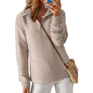 imageDokotoo Womens Casual Half Zip Long Sleeve Pullover Shirts Solid Color Textured Sweatshirt Tunic TopsOatmeal