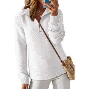imageDokotoo Womens Casual Half Zip Long Sleeve Pullover Shirts Solid Color Textured Sweatshirt Tunic TopsWhite