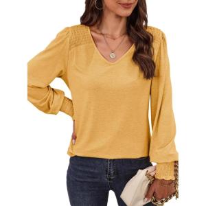 imageDokotoo Womens Casual Long Sleeve Shirts Shirred Shoulders Solid Color Knit Tops BlousesBeige