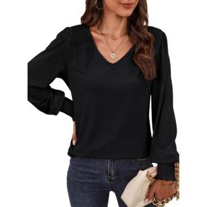 imageDokotoo Womens Casual Long Sleeve Shirts Shirred Shoulders Solid Color Knit Tops BlousesBlack
