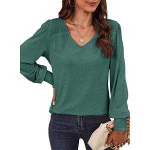 imageDokotoo Womens Casual Long Sleeve Shirts Shirred Shoulders Solid Color Knit Tops BlousesBlackish Green