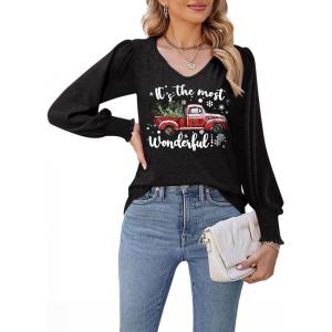 imageDokotoo Womens Casual Long Sleeve Shirts Shirred Shoulders Solid Color Knit Tops BlousesChristmas Black 1
