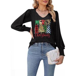 imageDokotoo Womens Casual Long Sleeve Shirts Shirred Shoulders Solid Color Knit Tops BlousesChristmas Black 3