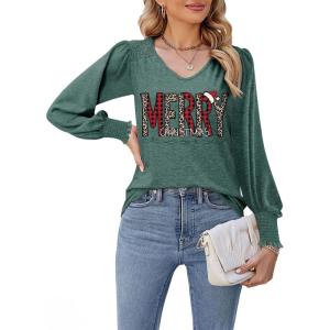 imageDokotoo Womens Casual Long Sleeve Shirts Shirred Shoulders Solid Color Knit Tops BlousesChristmas Blackish Green 1
